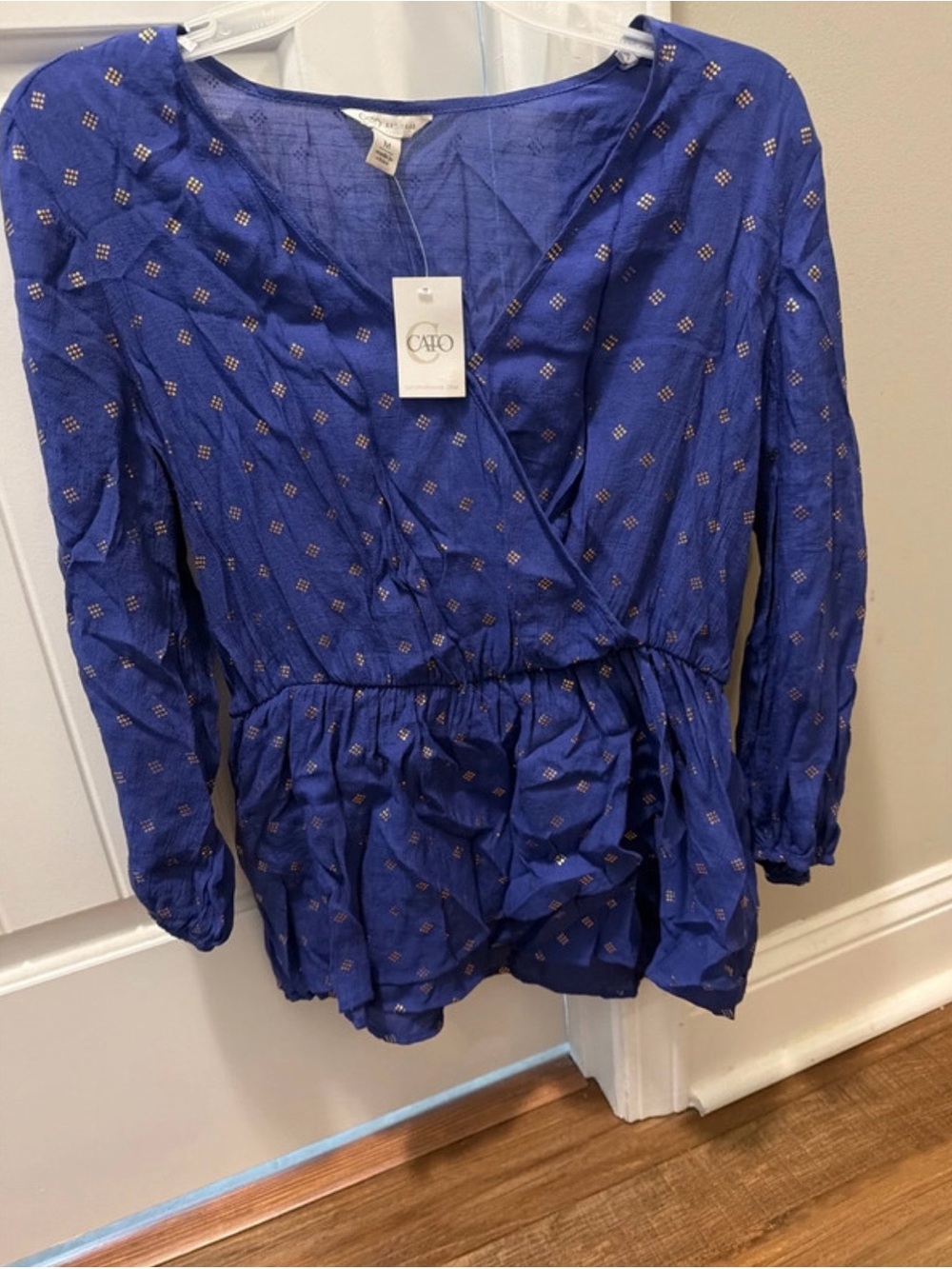 Cato Royal Blue Wrap-Front Peplum Blouse with Gold Dot Detail
